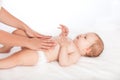 Massaging baby`s tummy. effleurage soothes the pain in the abdomen