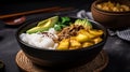 Massaman curry with avocado, potatoes, and beef served over rice