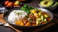 Massaman curry with avocado, potatoes, and beef served over rice