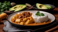 Massaman curry with avocado, potatoes, and beef served over rice