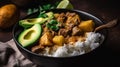 Massaman curry with avocado, potatoes, and beef served over rice