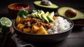 Massaman curry with avocado, potatoes, and beef served over rice