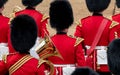 Massed band at the Trooping the Colour parade at Horse Guards, London UK, with reflection in the trumpet.