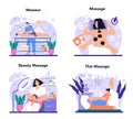 Masseur concept set. Spa procedure in beauty salon. Massage back