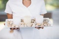 Masseur holding tray with pebbles and candles Royalty Free Stock Photo