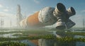 A massive abandoned rocket rests in an overgrown swamp Royalty Free Stock Photo