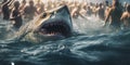 A massive, aggressive shark swims among the people swimming in the sea. Danger looms beneath the calm waters, with its Royalty Free Stock Photo