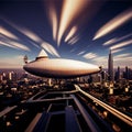 massive airship floating above a sprawling metropolis, with towering skyscapers and busy streets below, ai generated