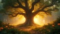 Massive ancient oak tree with thick trunk and sprawling branches. Golden sunlight filters through misty forest creating ethereal Royalty Free Stock Photo