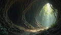 Massive ancient tree roots form natural archways over forest path. Sunlight streams through canopy, illuminating mystical jungle Royalty Free Stock Photo