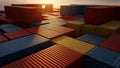 Vast shipping container yard stacked high with colorful cargo boxes against a bright sunset sky Royalty Free Stock Photo