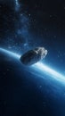 Large asteroid approaching blue planet in deep space with visible stars and nebulae creating a dramatic cosmic scene of Royalty Free Stock Photo