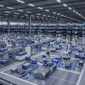 Automated logistics warehouse featuring robotic arms and autonomous guided vehicles sorting packages efficiently Royalty Free Stock Photo