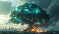 A massive bioengineered tree with glowing geometric leaves The tree is in the cen Royalty Free Stock Photo