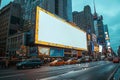 A massive blank billboard dominates the foreground in a bustling cityscape, offering a perfect advertising space amidst the urban