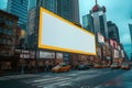 A massive blank billboard dominates the foreground in a bustling cityscape, offering a perfect advertising space amidst the urban