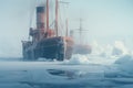 A massive boat effortlessly floats on top of icy waters, navigating through the frozen terrain., Old vessels navigating through Royalty Free Stock Photo