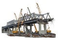 Massive bridge demolition project underway with heavy machinery and structural collapse in progress Royalty Free Stock Photo