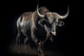 A massive bull walking angrily. Isolated on black. Generative AI