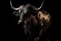 A massive bull walking angrily. Isolated on black. Generative AI