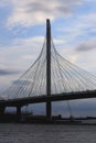 Massive cable-stayed bridge side construction. Royalty Free Stock Photo