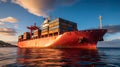 A massive cargo ship loaded with containers, floating along the calm waves of the sea, like an
