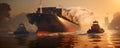 Massive cargo ship successfully refloated by tugboats in Suez Canal crisis. Concept Suez Canal Crisis, Cargo Ship, Tugboats,