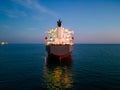 A massive cargo ship wood chips carrier in the sea, aerial view