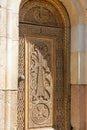 Armenia, Noravank, September 2022. Carved wooden door of an old temple.