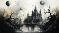 Massive Castle with Ominous Towers full Moon Casting Eerie Shadows in The Cosmos Paint Art on Canvas AI Generative