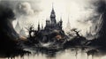 Massive Castle with Ominous Towers full Moon Casting Eerie Shadows in The Cosmos Paint Art on Canvas AI Generative