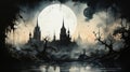 Massive Castle with Ominous Towers full Moon Casting Eerie Shadows in The Cosmos Paint Art on Canvas AI Generative