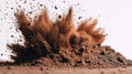 A powerful, isolated explosion of dirt, debris, and brown dust against a stark white background Royalty Free Stock Photo