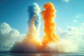 A massive cloud of smoke rises from the ocean's surface, with waves crashing in the background Royalty Free Stock Photo