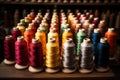 Massive collection of bobbin threads arranged on warping machine in mill