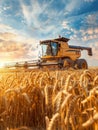 A massive combine harvester dwarfs the surrounding wheat field under a striking cloudy sky, highlighting the scale and Royalty Free Stock Photo