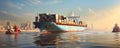 Massive container cargo ship successfully unblocked in Suez Canal by tugboats. Concept Suez Canal, Cargo Ship, Tugboats, Maritime