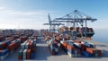 Massive container port operation with stacked cargo and large gantry cranes loading a cargo ship Royalty Free Stock Photo