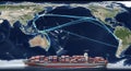 Massive container ship navigates global shipping routes visualized across a world map overlay Royalty Free Stock Photo