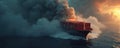 Massive container ship sails through heavy dark smoke on sea. Dramatic clouds and orange sunset sky. Global trade challenges and Royalty Free Stock Photo