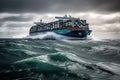 A massive container ship, almost unreal in its size, speeds through the water, its sheer scale belying the speed at