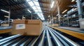 A massive conveyor belt moving boxes of wiry solar panel frames beneath the vaulted ceiling of a bustling warehouse. .