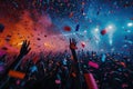 A massive crowd of enthusiastic concert-goers revel in the music as colorful confetti fills the air, A confetti storm during a