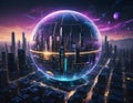 Massive crystalline sphere floating in levitating shards of light that form a dynamic structure, symbolizing the