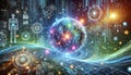 Massive crystalline sphere floating in levitating shards of light that form a dynamic structure, symbolizing the