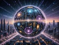 Massive crystalline sphere floating in levitating shards of light that form a dynamic structure, symbolizing the