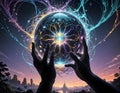 Massive crystalline sphere floating in levitating shards of light that form a dynamic structure, symbolizing the