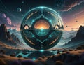 Massive crystalline sphere floating in levitating shards of light that form a dynamic structure, symbolizing the