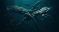 A massive, digitally-rendered squid is shown underwater, enveloping a futuristic Royalty Free Stock Photo