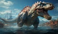 Massive Dinosaur in Water With Ship Royalty Free Stock Photo